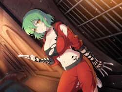 Rule 34 | 1girl, black choker, breast tattoo, breasts, choker, cleavage, closed mouth, earrings, grate, green hair, hikage (senran kagura), holding, holding knife, jewelry, knife, large breasts, leaning on object, looking at viewer, medium hair, navel, non-web source, official art, senran kagura, senran kagura new link, sewer, sewer grate, shoulder tattoo, slit pupils, stomach tattoo, tattoo, throwing knife, torn clothes, track suit, weapon, yellow eyes