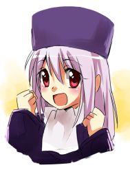 Rule 34 | 1girl, :d, aged down, bad id, bad pixiv id, blush, child, clenched hands, fate/stay night, fate/zero, fate (series), hat, ichi (lucky-dog1), illyasviel von einzbern, long hair, open mouth, purple hat, raised fist, red eyes, smile, solo, white hair, winter clothes