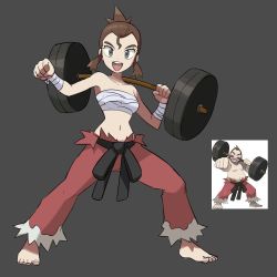 Rule 34 | 1girl, :d, barbell, barefoot, black sash, breasts, brown hair, chuck (pokemon), clenched hand, collarbone, creatures (company), eyelashes, flowers-imh, full body, game freak, genderswap, genderswap (mtf), grey background, grey eyes, gym leader, holding, legs apart, looking at viewer, navel, nintendo, open mouth, pants, photo inset, pokemon, pokemon hgss, red pants, reference inset, sarashi, sash, simple background, smile, standing, teeth, toes, tongue, wrist wrap