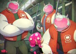 Rule 34 | 1girl, 3boys, agent 8 (splatoon), bad id, bad pixiv id, black shirt, crossed arms, grey eyes, jacket, letterman jacket, looking at another, multiple boys, nintendo, nkatazmukai, octoling, octoling girl, octoling player character, pink hair, sea angel, shirt, short hair, sitting, size difference, splatoon (series), splatoon 2, splatoon 2: octo expansion, squidbeak splatoon, train interior