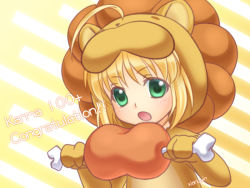 Rule 34 | 1girl, ahoge, animal costume, artoria pendragon (all), artoria pendragon (fate), bad id, bad pixiv id, blonde hair, boned meat, chibi, fate/tiger colosseum, fate (series), food, green eyes, lion costume, meat, saber lion, solo, xiangyin
