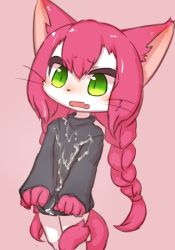 Rule 34 | 1girl, animal ears, cat busters, cat ears, cat tail, cum, cum on clothes, female focus, furry, furry female, green eyes, long hair, neko hakase (cat busters), no humans, ohakotome, open mouth, solo, tail, twintails