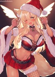 Rule 34 | 1girl, animal ears, bare shoulders, bell, belt, bikini, black background, black belt, black collar, black panties, blonde hair, blush, breasts, christmas, claw pose, cleavage, collar, collarbone, commentary, cowboy shot, dark-skinned female, dark skin, detached sleeves, detached wings, energy wings, fang, fate/grand order, fate (series), fishnet thighhighs, fishnets, fox ears, fox tail, fur-trimmed legwear, fur trim, hat, highleg, highleg panties, highres, large breasts, leaning forward, long hair, looking at viewer, midriff, miniskirt, nail polish, navel, neck bell, one eye closed, open mouth, panties, panty straps, pleated skirt, pom pom (clothes), red hat, red nails, red skirt, santa bikini, santa hat, simple background, single thighhigh, skirt, smile, solo, suzuho hotaru, suzuka gozen (fate), suzuka gozen (santa) (fate), swimsuit, symbol-only commentary, tail, thighhighs, thighs, thong, twitter username, underwear, wide sleeves, wings, yellow eyes