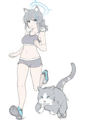 Rule 34 | 1girl, absurdres, animal ear fluff, animal ears, bad id, bad twitter id, bare legs, black shorts, black sports bra, blue archive, blush, breasts, cat, cross hair ornament, extra ears, full body, grey hair, hair ornament, halo, highres, masabodo, medium breasts, medium hair, midriff, navel, parted lips, ponytail, running, shiroko (blue archive), shoes, short shorts, shorts, simple background, solo, sports bra, white background