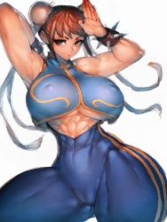 Rule 34 | 1girl, abs, bodysuit, breasts, brown hair, cameltoe, capcom, chun-li, collar, cowboy shot, fumio (rsqkr), highres, large breasts, nipples, official alternate costume, simple background, skin tight, sleeveless, solo, spiked collar, spikes, street fighter