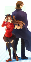 Rule 34 | 1boy, 1girl, back-to-back, black thighhighs, blue eyes, brown eyes, brown hair, cassock, cross, cross necklace, fate/stay night, fate (series), fley3black, hair ribbon, height difference, jewelry, kotomine kirei, long hair, necklace, ribbon, thighhighs, tohsaka rin, two side up