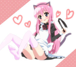 Rule 34 | 10s, 1girl, animal ears, ass, blue eyes, blush, cat ears, cat girl, cat tail, female focus, heart, long hair, maid, open mouth, pink hair, ribbon, sherlock shellingford, sitting, solo, tail, tantei opera milky holmes, thighhighs, tomoeda (ultimate fools), whip