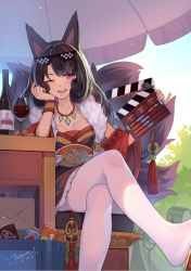 Rule 34 | 1girl, ;d, animal ears, artist name, asymmetrical bangs, black hair, black kimono, blue sky, bottle, box, breasts, can, cardboard box, chair, cleavage, crossed legs, cup, curly hair, dated, day, deal with it (meme), drink can, drinking glass, eyewear on head, foreshortening, fox ears, fox girl, fox tail, hand on own cheek, hand on own face, holding, japanese clothes, jewelry, kimono, long hair, looking at viewer, medium breasts, meme, moeoh ex, multiple tails, necklace, no shoes, obi, one eye closed, open mouth, outdoors, pantyhose, pendant, sash, sky, smile, soda can, solo, sunglasses, table, tail, tassel, tsubasa tsubasa, white pantyhose, wine bottle, wine glass, wristband