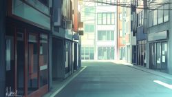 Rule 34 | building, city, cityscape, commentary request, hakuurei amano, highres, no humans, original, outdoors, power lines, road, scenery, shadow, shop, shopping district, street, watermark, window
