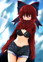Rule 34 | 1girl, bikini, black bikini, blue bow, bow, breasts, cape, cleavage, covered mouth, cowboy shot, cutoffs, hair bow, looking at viewer, medium breasts, navel, red eyes, red hair, sekibanki, short shorts, shorts, solo, stomach, swimsuit, tatsuya (guild plus), touhou