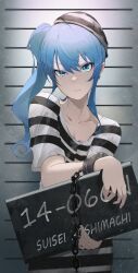Rule 34 | 1girl, alternate costume, blue eyes, blue hair, character name, cuffs, double-parted bangs, english text, frown, gradient eyes, hair between eyes, handcuffs, highres, holding, holding sign, hololive, hoshimachi suisei, medium hair, menomeno draw, mugshot, multicolored eyes, prison clothes, raised eyebrows, side ponytail, sidelocks, sign, solo, star (symbol), star in eye, striped clothes, symbol in eye, virtual youtuber