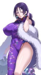 Rule 34 | 1girl, bare shoulders, braid, braided ponytail, breasts, china dress, chinese clothes, covered navel, dress, fate/grand order, fate (series), feather boa, folding fan, gloves, hand fan, heroic spirit traveling outfit, highres, large breasts, long hair, looking at viewer, minamoto no raikou (fate), minamoto no raikou (traveling outfit) (fate), parted bangs, purple dress, purple eyes, purple gloves, purple hair, smile, solo, suzuki nene, thighs, very long hair