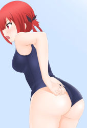 Rule 34 | 1girl, adjusting clothes, adjusting swimsuit, ass, blue background, blush, breasts, female focus, gabriel dropout, hair ornament, medium breasts, monochrome background, poa mellhen, red eyes, red hair, satanichia kurumizawa mcdowell, school swimsuit, shiny skin, simple background, smile, solo, swimsuit