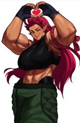 Rule 34 | 1girl, abs, absurdres, ali (sotcho), black horns, breasts, buckle, crop top, dark-skinned female, dark skin, dragon girl, earrings, fingerless gloves, gloves, green pants, heart, heart hands, highres, horns, huge breasts, jewelry, long hair, looking at viewer, muscular, muscular female, one eye closed, pants, pointy ears, red hair, slit pupils, smile, solo, sotcho, tall female, tongue, tongue out, yellow eyes