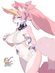 Rule 34 | 1girl, absurdres, animal, animal ears, animal hands, blue eyes, body fur, bow-shaped hair, breasts, claws, covered erect nipples, cowboy shot, detached collar, fang, flying sweatdrops, fox ears, fox girl, fox tail, furry, furry female, hair ornament, halterneck, hands up, highres, horns, inu fuji, large breasts, long hair, looking at viewer, octopus, open mouth, original, pawpads, pink fur, pink hair, ponytail, shide, short eyebrows, simple background, single horn, solo, stomach, tail, teardrop, thick eyebrows, very long hair, white background, yellow horns