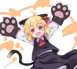 Rule 34 | 1girl, :d, ahoge, animal ear fluff, animal ears, animal hands, arms up, ascot, black skirt, black vest, blonde hair, cat ears, cat tail, commentary request, fang, gloves, hair between eyes, hair ribbon, highres, kemonomimi mode, kibisake, long sleeves, looking at viewer, open mouth, outstretched arms, paw gloves, red ascot, red eyes, red ribbon, ribbon, rumia, shirt, short hair, simple background, skirt, skirt set, smile, solo, spread arms, tail, touhou, vest, white background, white shirt
