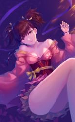 Rule 34 | 10s, 1girl, afloat, bare shoulders, blue ribbon, bow, breasts, brown hair, cherry blossoms, closed mouth, eyelashes, floral print, frills, hair ribbon, highres, holding, japanese clothes, kimono, koutetsujou no kabaneri, long legs, long sleeves, looking at viewer, mumei (kabaneri), obi, off shoulder, ousang, parted lips, pink lips, red eyes, reflection, ribbon, sash, short kimono, sidelocks, sky, smile, solo, star (sky), starry sky, twintails, water, yellow bow, yellow ribbon