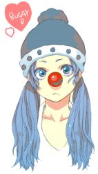 Rule 34 | 1girl, blue hair, buggy the clown, character name, clown, genderswap, genderswap (mtf), hat, lowres, mochika, one piece, red nose, twintails, venus symbol