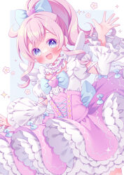 Rule 34 | 1girl, back bow, blue eyes, blush, bow, choker, cross-laced clothes, cross-laced dress, curly hair, dress, frilled choker, frilled dress, frilled sleeves, frills, hair bow, hair ornament, hand up, heart, heart hair ornament, highres, kiratto pri chan, layered dress, long hair, long sleeves, momoyama mirai, open mouth, pink hair, ponytail, pretty series, puffy sleeves, puu (kari---ume), smile, solo, sparkle, underbust, waving, wings