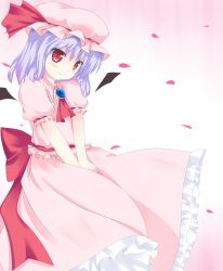 Rule 34 | 1girl, absurdres, ascot, back bow, bat wings, blue brooch, bow, brooch, closed mouth, collared shirt, detached wings, feet out of frame, femt, frilled shirt, frilled skirt, frilled sleeves, frills, gradient background, hair between eyes, hat, hat ribbon, highres, jewelry, light smile, long skirt, looking at viewer, medium hair, mob cap, petals, pink background, pink hat, pink shirt, pink skirt, puffy short sleeves, puffy sleeves, purple hair, red ascot, red bow, red eyes, red ribbon, remilia scarlet, ribbon, shirt, short sleeves, simple background, skirt, solo, touhou, v arms, wings