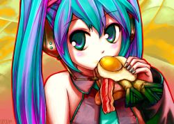 Rule 34 | bacon, bread slice, breakfast, detached sleeves, eating, egg, egg (food), food, fried egg, fried egg on toast, green eyes, hatsune miku, headphones, microphone, multicolored hair, necktie, solo, spring onion, toast, twintails, upon thou fair cat, vocaloid