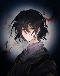 Rule 34 | 1boy, alternate hair color, black eyes, black hair, blood, blood on wall, chinese commentary, closed mouth, commentary request, grey robe, hair between eyes, highres, looking at viewer, male focus, mi4t, portrait, robe, saibou shinkyoku, shirt, short hair, smile, solo, stole, utsugi noriyuki, white shirt