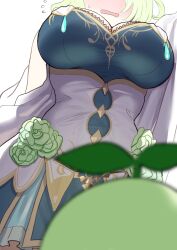 Rule 34 | 1girl, blush, breasts, ceres fauna, ceres fauna (1st costume), flower, flying sweatdrops, from below, green hair, head out of frame, highres, hololive, hololive english, kabedon, large breasts, open mouth, redi (rasec asdjh), sapling (ceres fauna), simple background, solo, sweat, virtual youtuber, white background