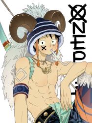 Rule 34 | 1boy, abs, arm rest, armband, black eyes, blue armband, blue headwear, bone, bow (weapon), cheouldu, copyright name, curled horns, english text, fake horns, food in mouth, fur trim, highres, horns, jewelry, looking at viewer, male focus, muscular, muscular male, navel, necklace, one piece, scar, scar on face, simple background, sitting, striped clothes, striped headwear, topless male, weapon, white background, x