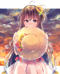 Rule 34 | 1girl, ahoge, blush, bow, brown eyes, brown hair, cloud, cloudy sky, commentary request, covered mouth, cowboy shot, dress, fingernails, flower, hair flower, hair ornament, hat, hat bow, hat flower, unworn hat, unworn headwear, holding, holding clothes, holding hat, long hair, looking at viewer, nemuri nemu, one side up, original, outside border, red bow, sky, solo, sun hat, sunflower, sunset, very long hair, white dress, yellow flower