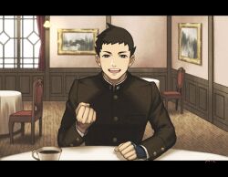 Rule 34 | 1boy, :d, ace attorney, amemomism, artist name, black eyes, brown hair, brown jacket, buttons, chair, clenched hand, coffee, coffee cup, commentary request, cup, curtains, disposable cup, gakuran, hand up, indoors, jacket, letterboxed, long sleeves, looking at viewer, male focus, open mouth, picture frame, restaurant, ryunosuke naruhodo, school uniform, short hair, sitting, smile, solo, table, the great ace attorney, the great ace attorney: adventures, upper body, window, wooden floor