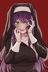 Rule 34 | 1girl, absurdres, bags under eyes, biting, bleeding, blood, blood on face, breasts, chroong, commentary request, fangs, finger biting, green eyes, habit, highres, korean commentary, large breasts, long hair, nun, original, purple hair, red background, sidelocks, smile, solo, traditional nun, upper body