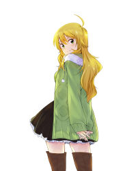 Rule 34 | 1girl, ahoge, black skirt, blonde hair, boots, brown footwear, eyebrows, from behind, green eyes, gulim, hoshii miki, idolmaster, idolmaster (classic), interlocked fingers, long hair, looking at viewer, looking back, own hands clasped, own hands together, simple background, skirt, sleeves past wrists, smile, solo, thigh boots, thighhighs, white background
