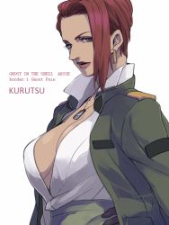Rule 34 | 1girl, breasts, character name, cleavage, copyright name, dog tags, earrings, female focus, ghost in the shell, ghost in the shell arise, gloves, green eyes, hand on own hip, jacket, jewelry, kodansha, kurutsu (ghost in the shell arise), looking at viewer, necklace, red hair, solo, suzuki hayase