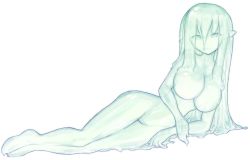 Rule 34 | 1girl, breasts, full body, green theme, groin, idon, large breasts, long hair, looking at viewer, lying, monochrome, monster girl, nude, on side, original, pointy ears, slime girl, solo