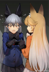 Rule 34 | 10s, 2girls, :t, animal ears, black bow, black gloves, black necktie, black scarf, black skirt, blazer, blonde hair, blue jacket, blush, bow, brown eyes, buttons, c:, clenched hand, closed mouth, d:, extra ears, eyebrows, eyelashes, ezo red fox (kemono friends), flying sweatdrops, fox ears, from behind, fur-trimmed sleeves, fur trim, game console, gloves, gradient hair, grey background, grey hair, grey shirt, hair between eyes, hand on own chin, handheld game console, jacket, kemono friends, long hair, long sleeves, looking at another, multicolored hair, multiple girls, necktie, nintendo switch, open mouth, orange eyes, orange jacket, playstation portable, pleated skirt, pointing, profile, scarf, seinen, shirt, silver fox (kemono friends), skirt, smile, tears, tsurime, two-tone background, two-tone hair, upper body, weibo watermark, white bow, white scarf