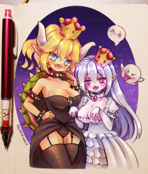 Rule 34 | 2girls, armlet, artist name, bad id, bad pixiv id, black dress, black legwear, blonde hair, blue eyes, blue gemstone, blush, boo (mario), bowsette, bracelet, breasts, brooch, cleavage, collar, collarbone, commentary request, detached collar, dress, earrings, embarrassed, fangs, fingernails, frilled collar, frilled dress, frilled sleeves, frills, fruitsrabbit, garter belt, garter straps, gem, ghost pose, gloves, gradient background, hair between eyes, hand on own hip, head tilt, horns, jewelry, large breasts, leotard, long fingernails, long hair, looking at viewer, luigi&#039;s mansion, mario (series), multiple girls, new super mario bros. u deluxe, nintendo, open clothes, open mouth, open skirt, pointy ears, ponytail, princess king boo, puffy short sleeves, puffy sleeves, purple eyes, red gemstone, short sleeves, side-by-side, sidelocks, skirt, sleeveless, sleeveless dress, smile, spiked armlet, spiked bracelet, spiked collar, spiked shell, spikes, standing, strapless, strapless dress, super crown, thighhighs, tilted headwear, tongue, traditional media, turtle shell, very long hair, white dress, white gloves, white hair