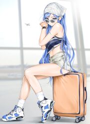 Rule 34 | 1girl, aircraft, airplane, airport, bare shoulders, blue eyes, blue hair, chaesu, glasses, highres, bae minah (chaesu), shorts, sitting, solo, suitcase, watch