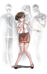 Rule 34 | 1girl, absurdres, breasts, brown eyes, brown hair, fatal frame, fatal frame 3, flashlight, full body, ghost, highres, hinasaki miku, holding, midnamana, multiple boys, short hair, simple background, skirt, small breasts, thighhighs, white background