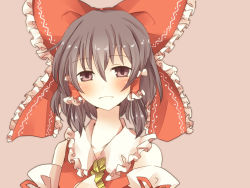 1girl ascot bad_id bad_pixiv_id blush bow brown_eyes brown_hair detached_sleeves dress female_focus hair_bow hair_tubes hakurei_reimu highres japanese_clothes miko pasutel red_dress simple_background smile solo touhou