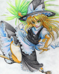 Rule 34 | 1girl, apron, bad id, bad pixiv id, blonde hair, braid, broom, broom surfing, colored pencil (medium), female focus, frown, green eyes, hat, highres, kirisame marisa, kitazinger, long hair, looking at viewer, magic, open mouth, outstretched hand, perspective, petticoat, side braid, solo, thighhighs, touhou, traditional media, waist apron, witch, witch hat, yellow eyes