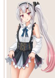 Rule 34 | 1girl, :q, bare shoulders, black hairband, black skirt, blue bow, blush, bow, brown background, center frills, closed mouth, clothes lift, clothing cutout, collared shirt, commentary, frilled hairband, frills, gradient hair, grey hair, hairband, highres, hololive, horns, kazenokaze, lifting own clothes, long hair, long sleeves, looking at viewer, miniskirt, multicolored hair, nakiri ayame, nakiri ayame (girly), oni, red eyes, red hair, shirt, shoulder cutout, side ponytail, sidelocks, skin-covered horns, skirt, skirt lift, smile, solo, suspender skirt, suspenders, tongue, tongue out, two-tone background, very long hair, virtual youtuber, white background, white shirt