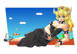 Rule 34 | 1girl, armlet, bare shoulders, black dress, blonde hair, border, bowsette, bracelet, breasts, cleavage, collar, collarbone, dress, full body, godichi, green eyes, grin, high heels, highres, horns, jewelry, lipstick, long dress, long hair, looking at viewer, lying, makeup, mario (series), medium breasts, new super mario bros. u deluxe, nintendo, on side, ponytail, smile, solo, spiked armlet, spiked bracelet, spiked collar, spikes, strapless, strapless dress, super crown, white border