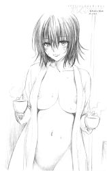 Rule 34 | 10s, 1girl, absurdres, bathrobe, breasts, coffee, completely nude, cup, greyscale, highres, large breasts, light smile, mikado ryouko, monochrome, naked robe, naughty face, navel, nipple slip, nipples, no bra, no panties, nude, official art, out-of-frame censoring, pointy ears, robe, scan, school nurse, sketch, smile, solo, tagme, to love-ru, to love-ru darkness, topless, traditional media, wet, yabuki kentarou