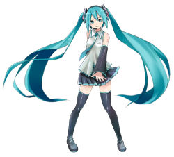 Rule 34 | 1girl, aqua eyes, aqua hair, boots, detached sleeves, full body, hatsune miku, headset, highres, idou kyoushitsu, long hair, necktie, skirt, solo, thigh boots, thighhighs, twintails, very long hair, vocaloid, white background