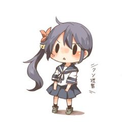 Rule 34 | 10s, 1girl, akebono (kancolle), anger vein, bad id, bad twitter id, bell, black eyes, blue hair, blush, chibi, flower, hair bell, hair flower, hair ornament, jingle bell, kantai collection, long hair, lowres, open mouth, rebecca (keinelove), side ponytail, translation request