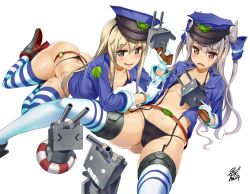 Rule 34 | 10s, 2girls, alternate costume, amatsukaze (kancolle), ass, belt, bikini, black eyes, black panties, blonde hair, brown eyes, butt crack, cameltoe, cleft of venus, colored eyelashes, garter straps, gloves, gun, hat, kantai collection, long hair, md5 mismatch, multiple girls, navel, open clothes, open shirt, panties, police, police hat, police uniform, rensouhou-chan, rensouhou-kun, resized, resolution mismatch, shimakaze (kancolle), shirt, silver hair, simple background, skindentation, source larger, striped clothes, striped legwear, striped thighhighs, swimsuit, thighhighs, thong, two side up, underwear, uniform, uo denim, weapon, white background, white gloves, white legwear