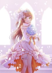 Rule 34 | 10s, 1girl, armlet, blush, bouquet, bow, bride, dress, earrings, flower, fluffy collar, frills, grey hair, hair bow, holding, holding bouquet, hoshisakura (starblossom), jewelry, long hair, looking at viewer, love live!, love live! school idol festival, love live! school idol project, minami kotori, petals, ribbon, smile, solo, standing, strapless, strapless dress, thigh strap, tiara, veil, wedding dress, white bow, white dress, window, yellow eyes