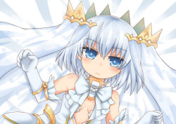 Rule 34 | 10s, 1girl, :&lt;, absurdres, bad id, bad pixiv id, blue eyes, bow, breasts, cleavage, date a live, elbow gloves, gloves, greenteaneko, headgear, highres, looking at viewer, lying, short hair, silver hair, solo, tobiichi origami, veil, white gloves
