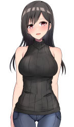 Rule 34 | 1girl, bare shoulders, baretto (karasi07), black hair, black shirt, blue legwear, blush, breasts, character request, commentary request, highres, idolmaster, idolmaster shiny colors, large breasts, long hair, looking at viewer, open mouth, pants, pink eyes, shirt, simple background, sleeveless, solo, sweater, turtleneck, turtleneck sweater, white background