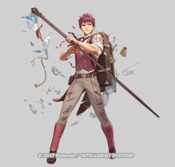 Rule 34 | 1boy, bag, belt, boots, cuboon, cup, fire emblem, fire emblem echoes: shadows of valentia, fire emblem heroes, full body, grey background, injury, lukas (fire emblem), male focus, necktie, nintendo, official art, plate, red eyes, red hair, solo, staff, teacup, teeth, torn clothes, vest
